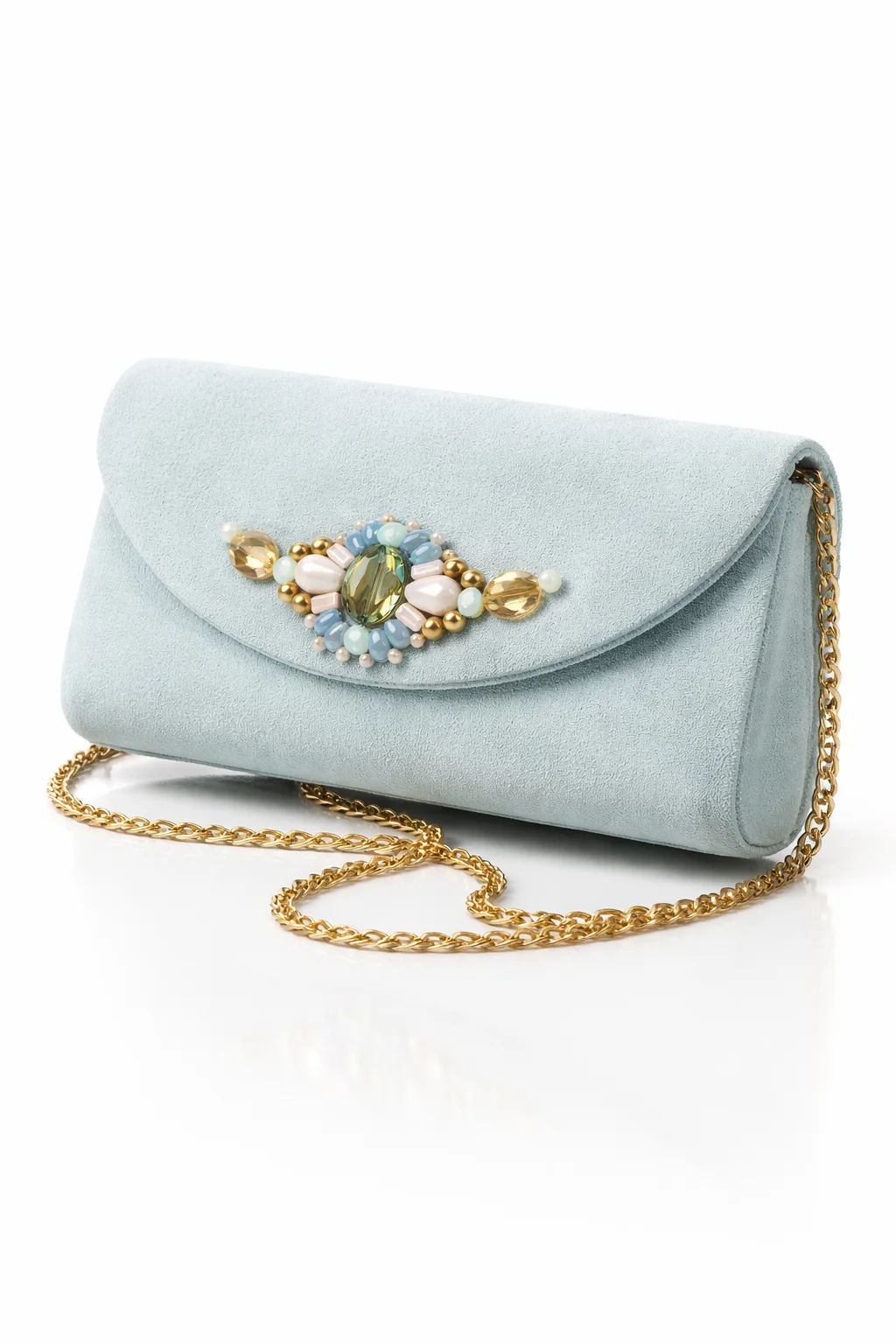 Clutch de fiesta de antelina verde agua
