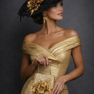 Pamela negra de lino natural con flor dorada, guipur y plumas para bodas de mañana.