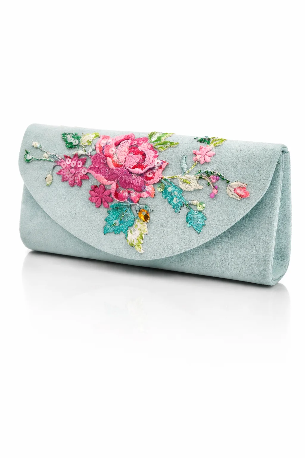 clutch artesanal bordado floral azul empolvado