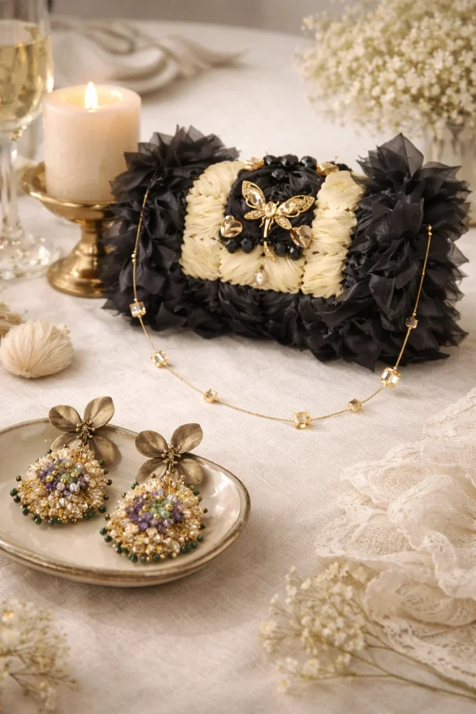 Accesorios artesanales para novias e invitadas con perlas barrocas, bordados y flores preservadas en mesa elegante.