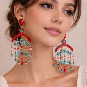 pendiente largo multicolor con cristal rojo