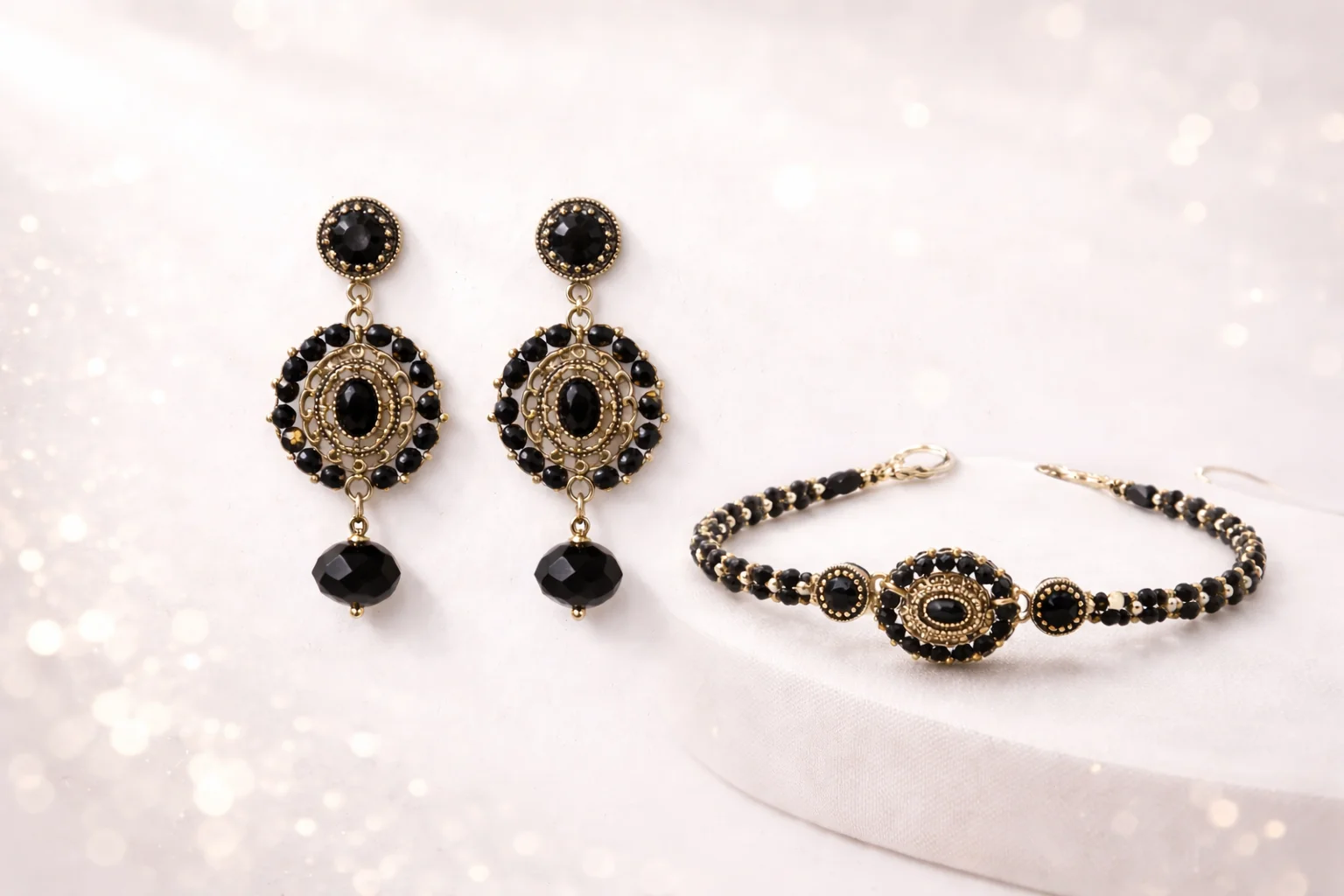 conjunto vintage dorado y negro con choker y pendientes hechos a mano con cristales facetados