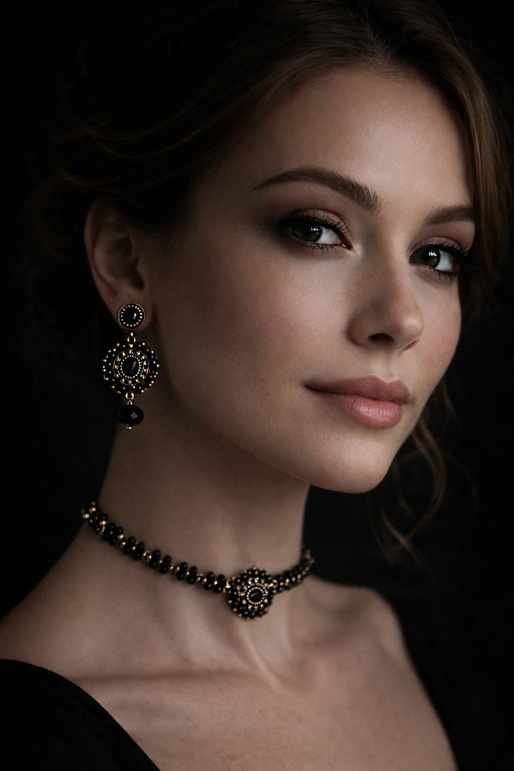 modelo con conjunto vintage dorado y negro con choker y pendientes hechos a mano con cristales facetados