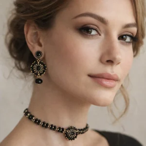 choker vintage dorado y negro y pendientes hecho a mano con pieza central de oro viejo y cuentas facetadas negra