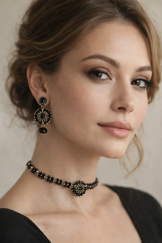 choker vintage dorado y negro y pendientes hecho a mano con pieza central de oro viejo y cuentas facetadas negra