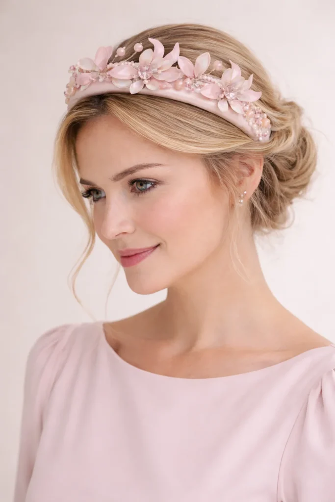 modelo con Diadema floral rosa para novia con flores de esmalte y cristales