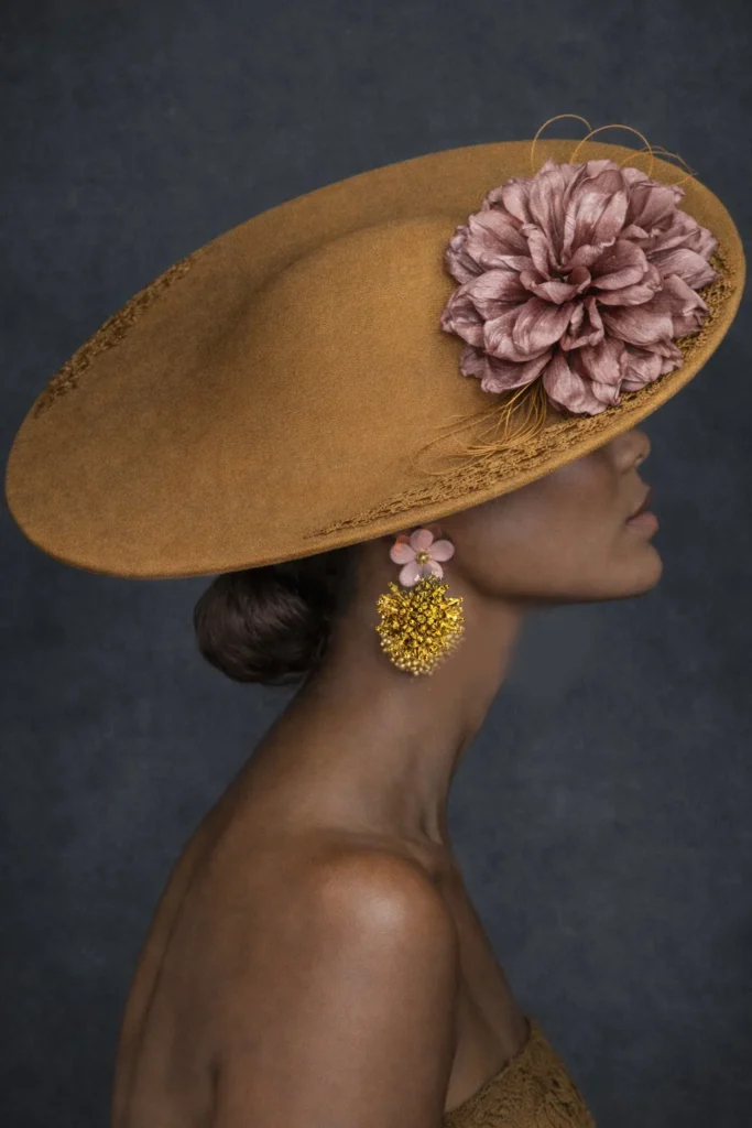 Modelo con Pamela de lino natural color tostado con flor rosa empolvado para invitada de boda