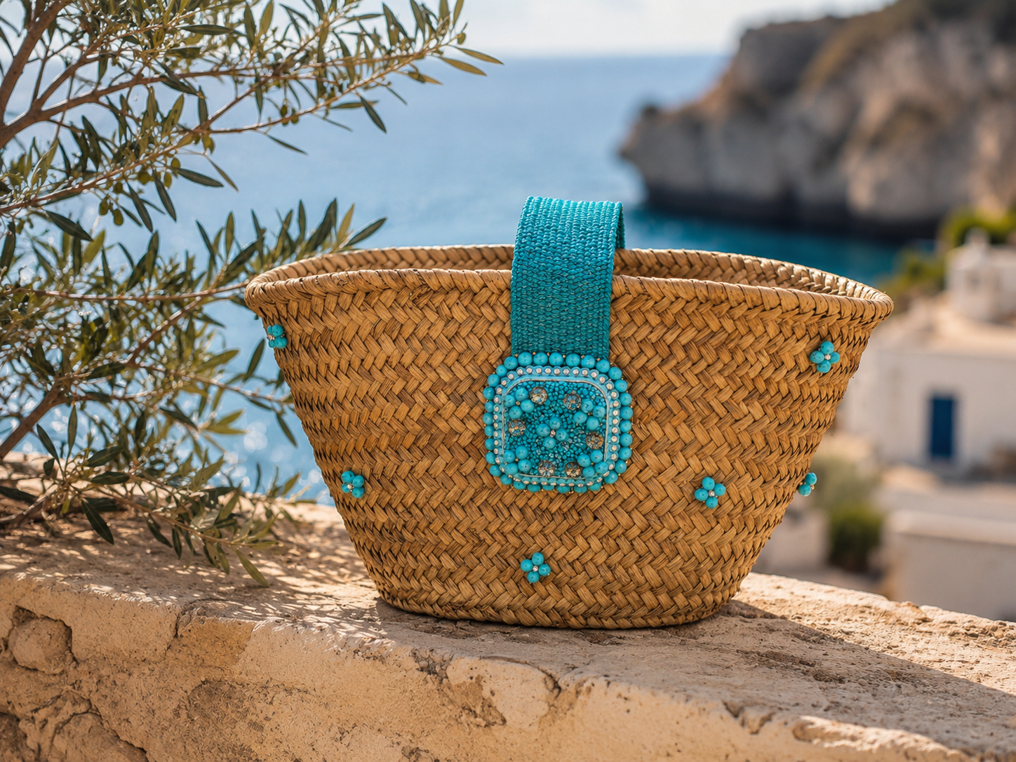 Mujer con capazo de palma artesanal turquesa de Mi Roshita durante un paseo de verano junto al mar